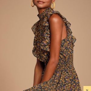 Evalina Mustard Yellow Floral Print Mock Neck Midi